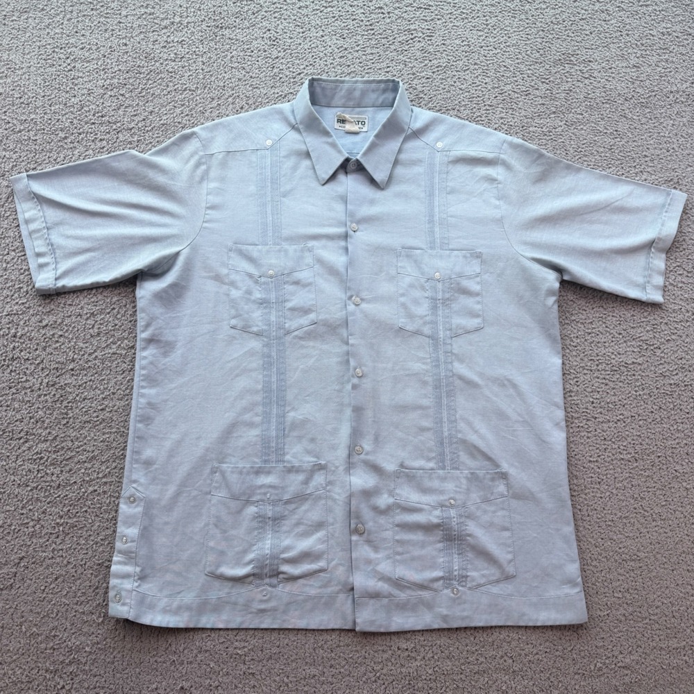 Renato Collezione Mens Light Blue Guayabera Short Sleeve Pleated Shirt Large